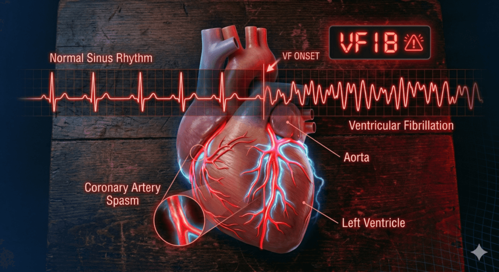 Medical illustration showing ECG transition from normal rhythm to ventricular fibrillation, representing cardiac arrest triggered by stimulants in young athletes.