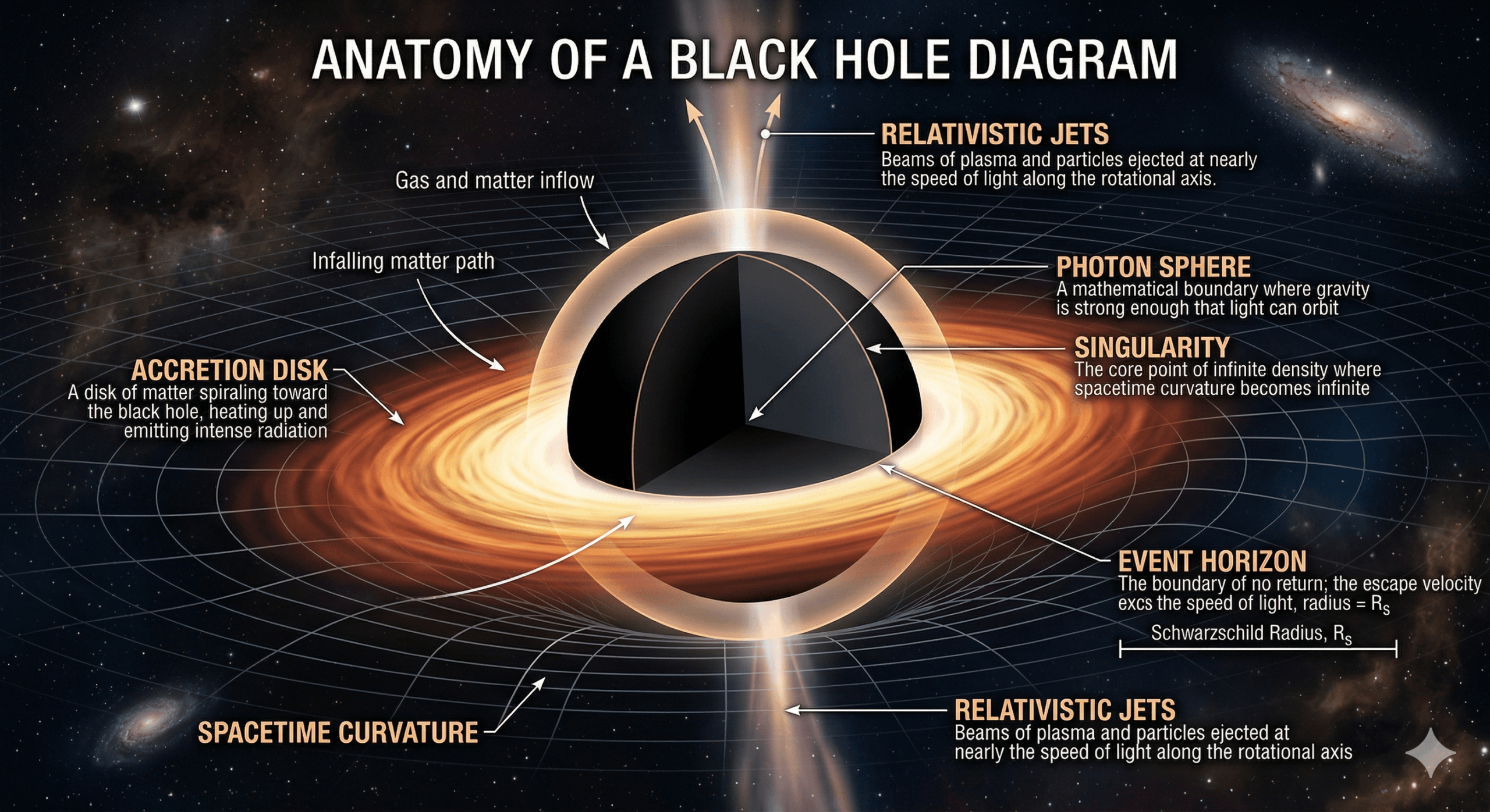 diagram showing how black holes really work with event horizon accretion disk and jets