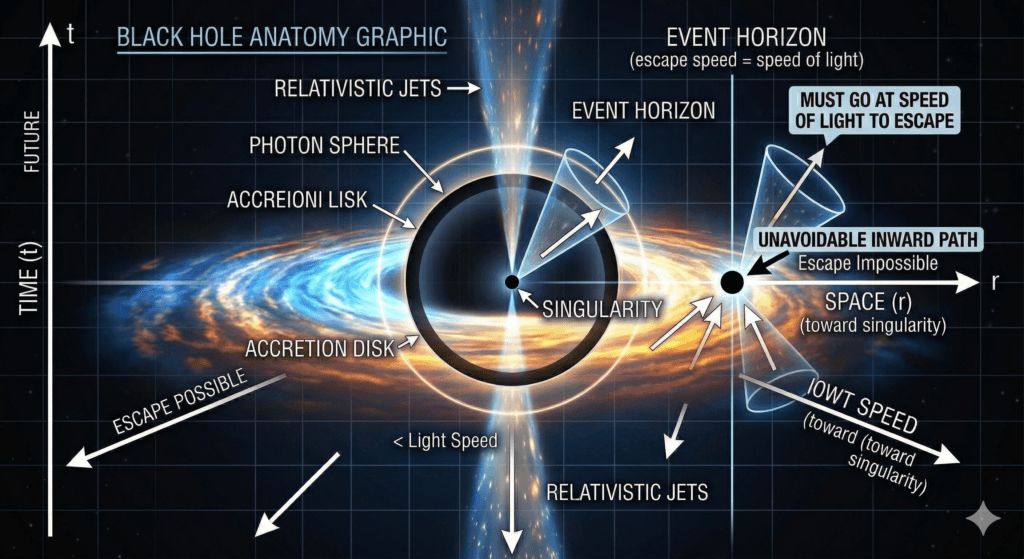 black hole structure with event horizon accretion disk and jets for what is an event horizon simple explanation
