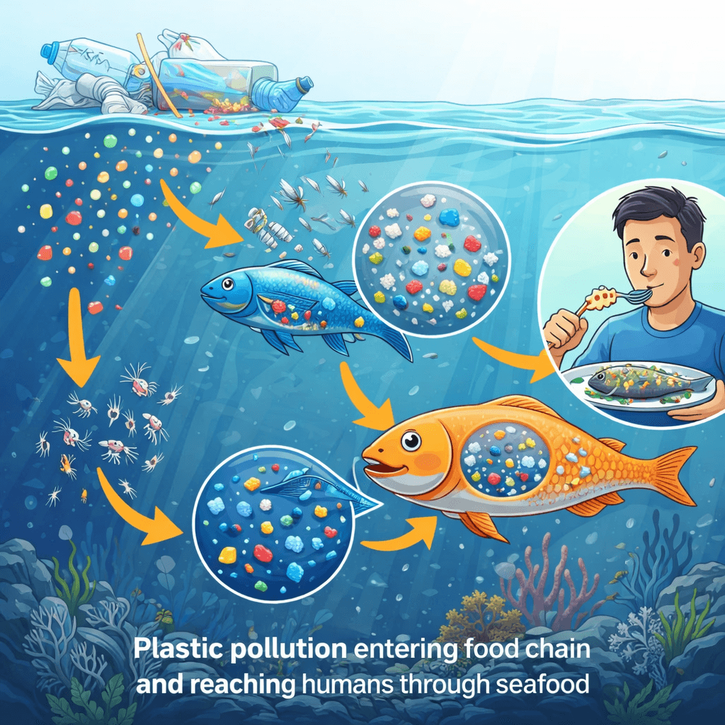 microplastic in human body through marine food chain from plastic pollution to fish and seafood
