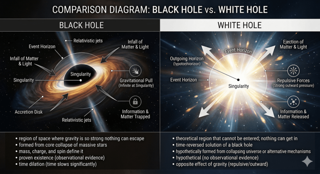 Simple diagram explaining what is a white hole in space compared to a black hole.