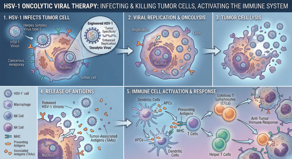 diagram of herpes simplex virus as an anticancer agent lysing tumor cells and activating immunity”