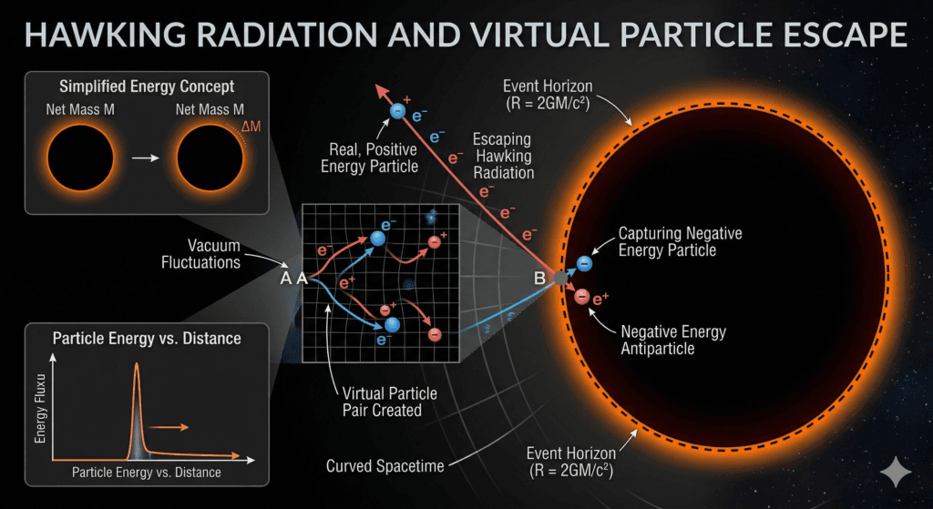 Diagram of Hawking radiation and black hole evaporation explained simply with virtual particles near the event horizon