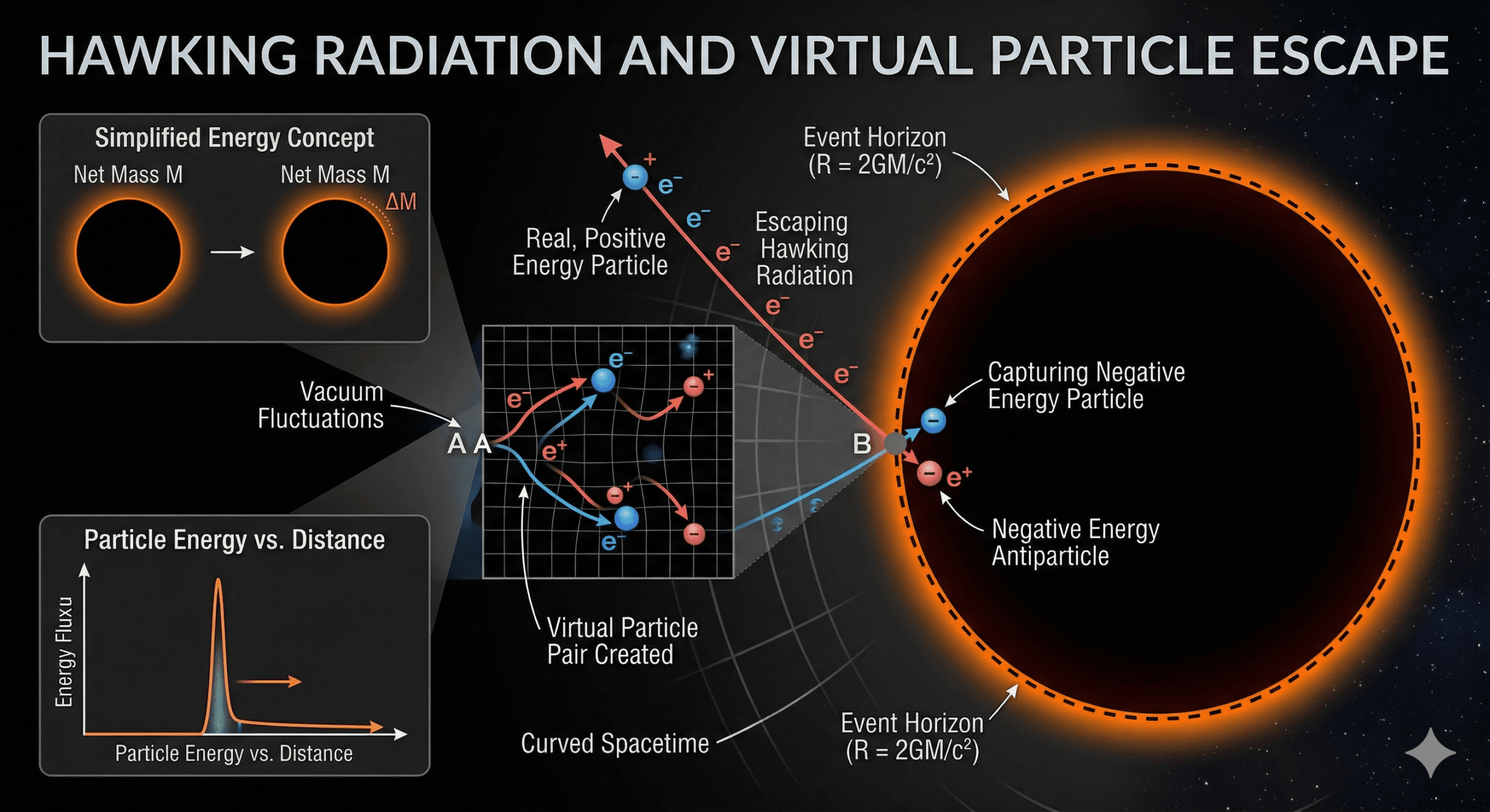 Diagram of Hawking radiation and black hole evaporation explained simply with virtual particles near the event horizon