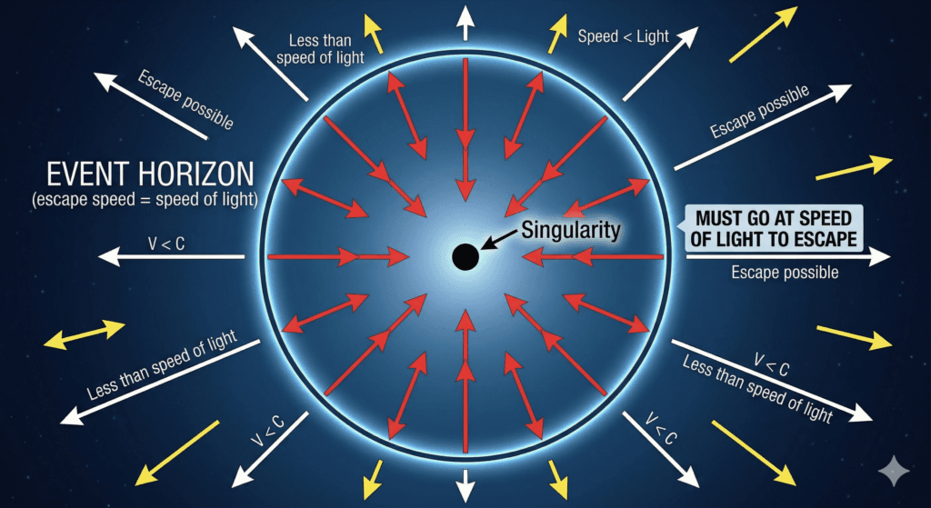 diagram showing what is an event horizon simple explanation using escape velocity and point of no return