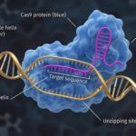 A detailed 3D scientific render showing the CRISPR gene editing process. It features a large, blue Cas9 protein "unzipping" a gold and silver DNA double helix. A magenta guide RNA is attached to the protein, directing it to a specific target sequence on the DNA strand for precise genetic engineering.