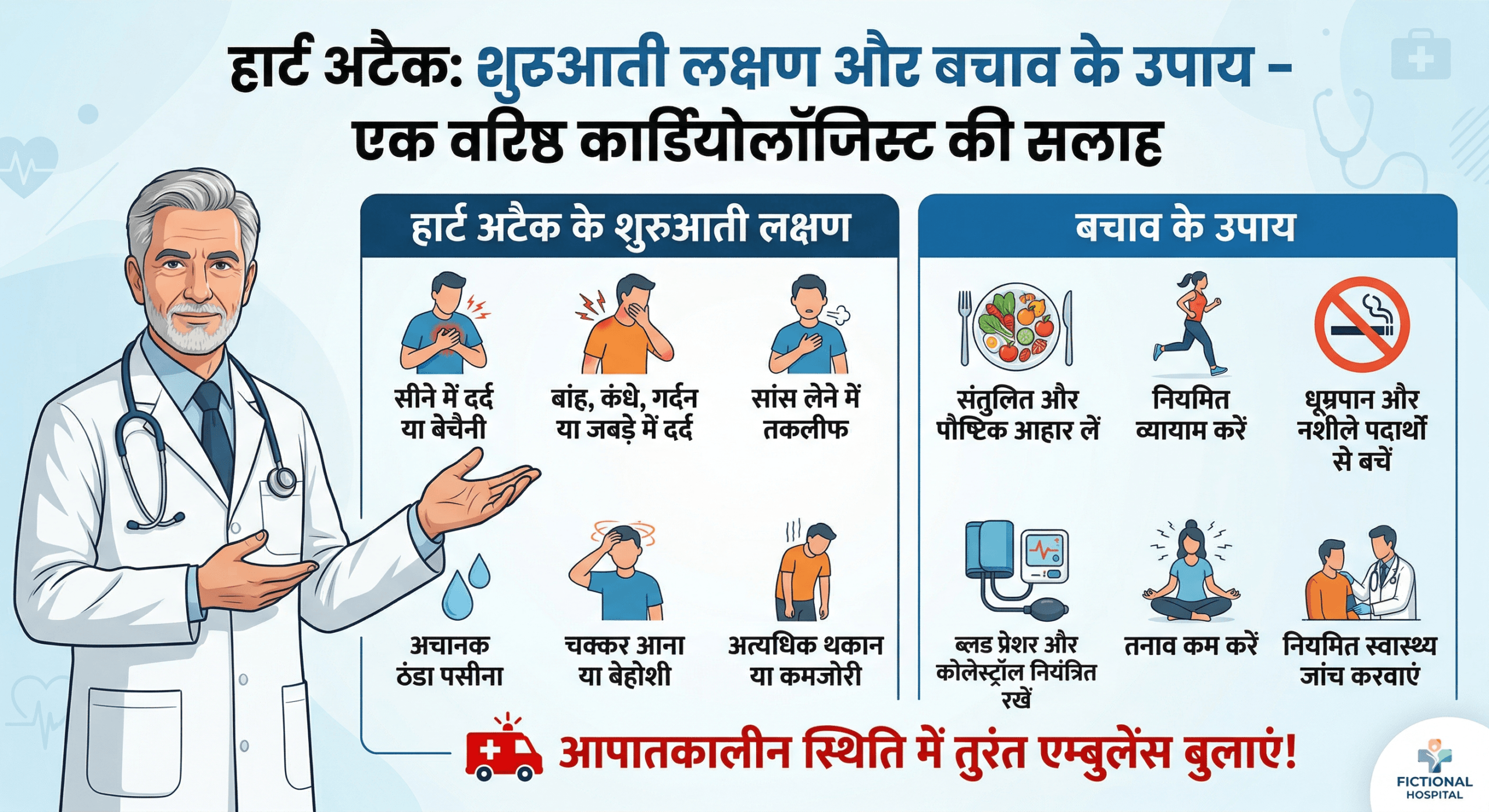 हार्ट अटैक के शुरुआती लक्षण और बचाव के उपाय को समझाते हुए एक वरिष्ठ कार्डियोलॉजिस्ट का इन्फोग्राफिक।
