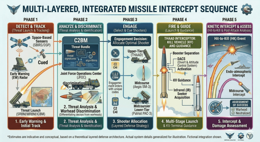 tep by step view of how THAAD missile defense system works to intercept ballistic missiles
