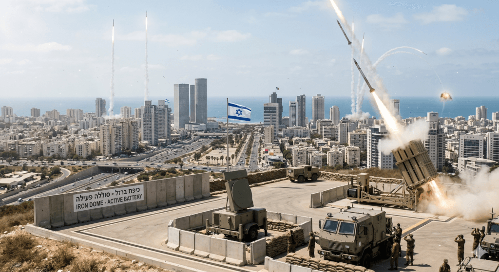 Iron Dome missile defense system protecting Israeli cities from rockets and drones
