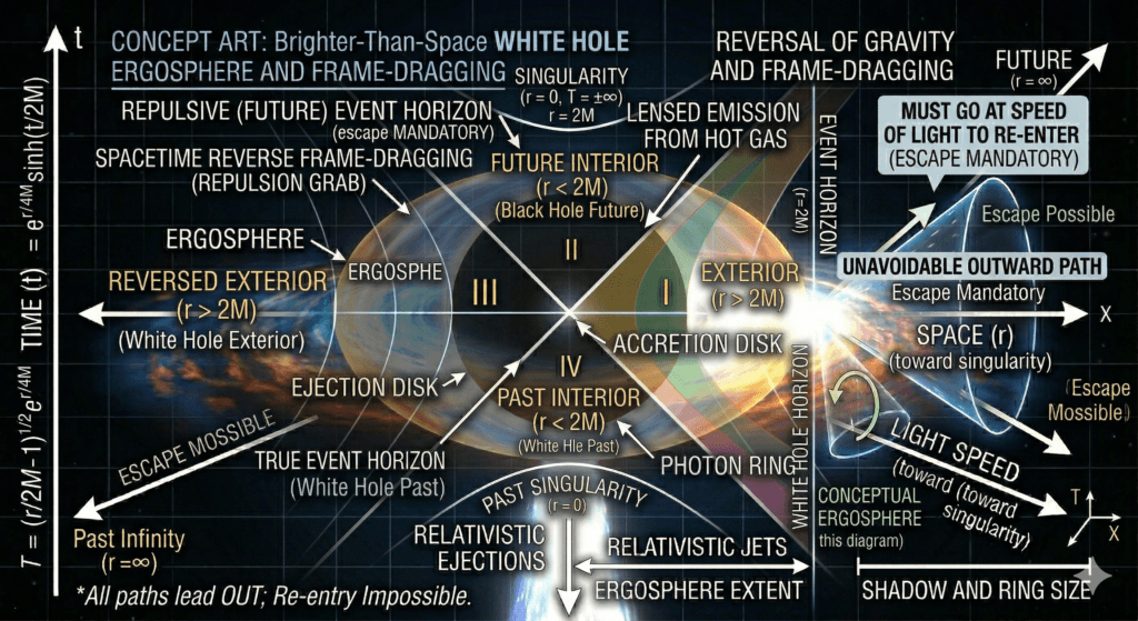pacetime graphic illustrating what is a white hole in space in the extended Schwarzschild solution.