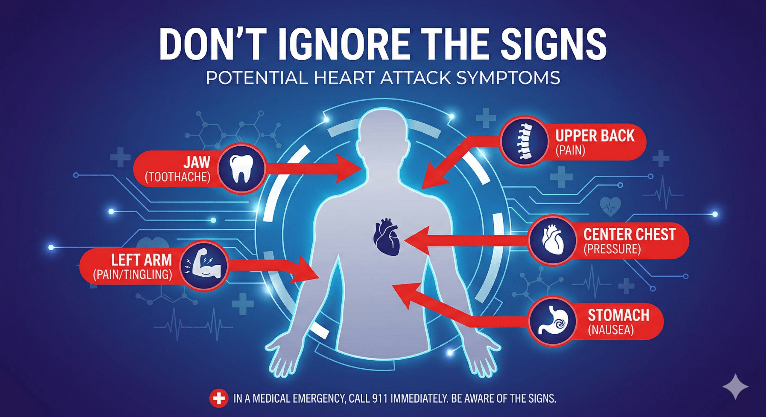 Infographic showing atypical heart attack symptoms in young adults including jaw pain, arm pain, and indigestion.