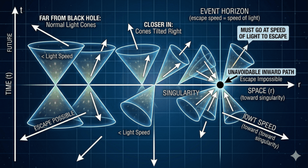 light cone sketch giving what is an event horizon simple explanation in terms of curved spacetime