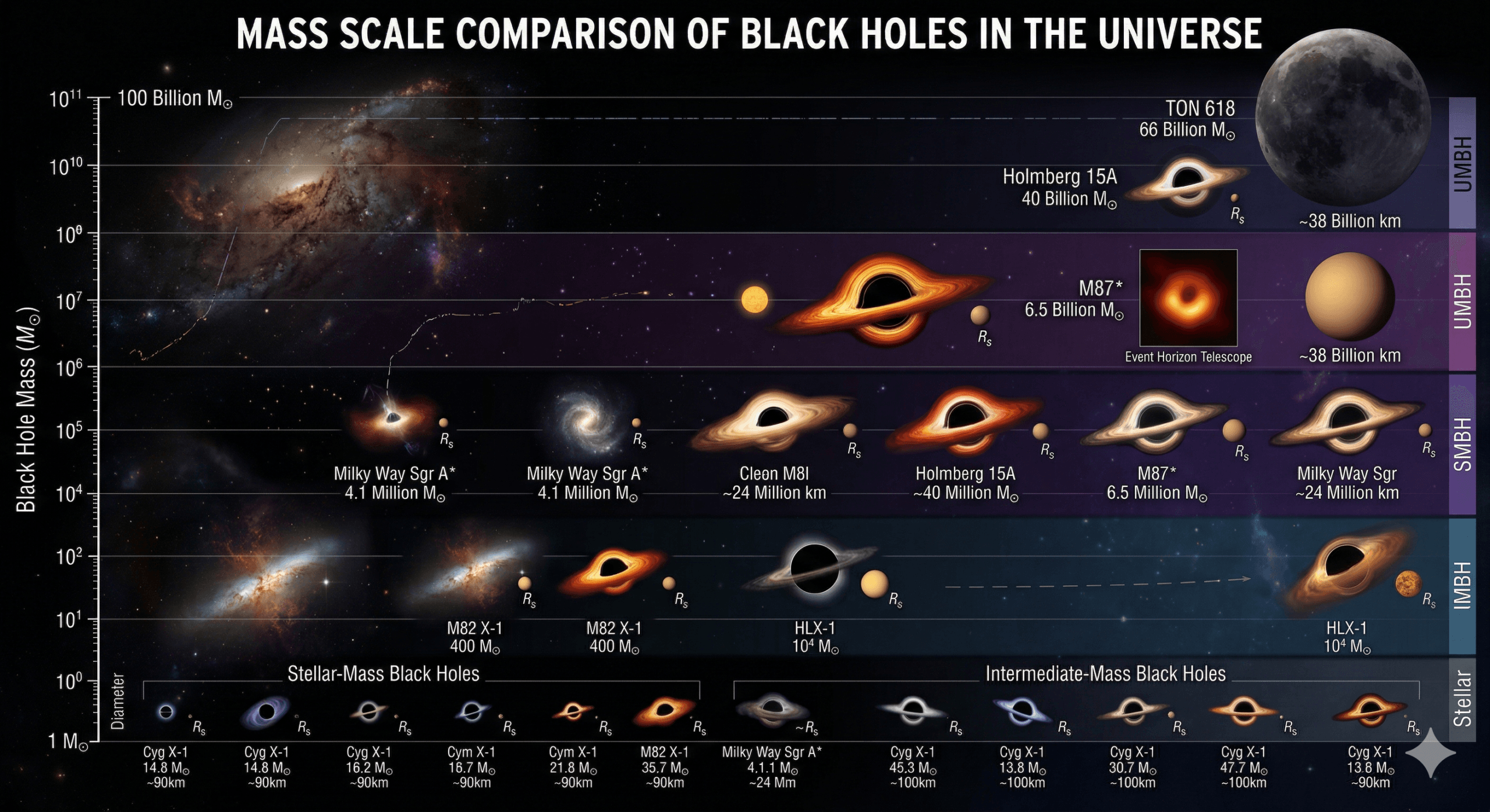 chart comparing types of black holes stellar intermediate supermassive primordial by mass and size