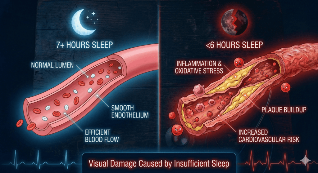 Medical illustration comparing a healthy coronary artery with adequate sleep versus a damaged, inflamed artery from chronic stress and sleep deprivation.