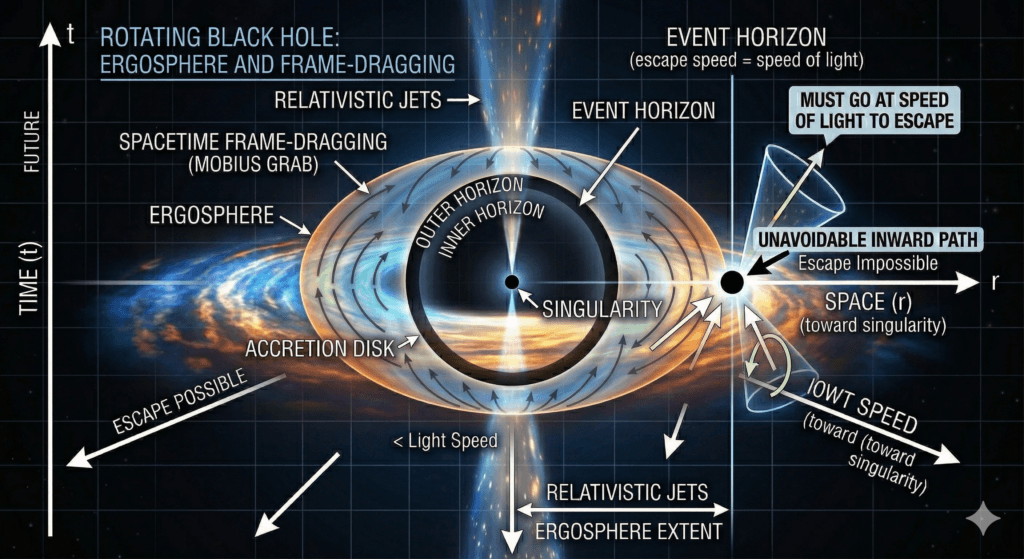 rotating black hole diagram comparing event horizon and ergosphere to explain what is an event horizon simple explanation