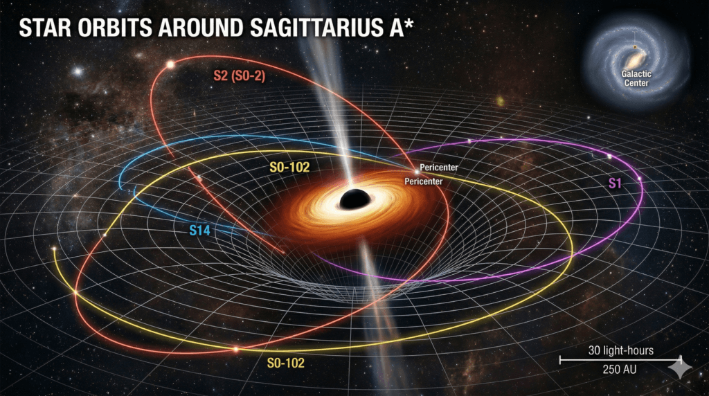 orbits of stars around Sagittarius A star demonstrating how black holes really work at the Milky Way center