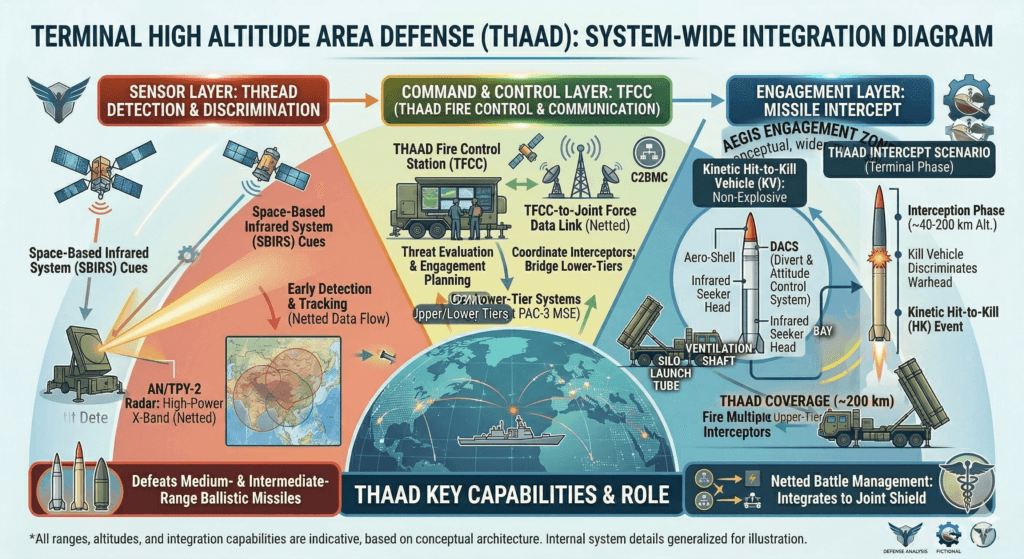 Diagram showing how THAAD missile defense system works from radar detection to hit to kill
