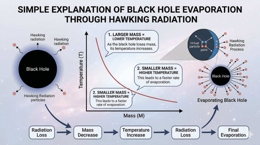 Graph showing Hawking radiation and black hole evaporation explained simply by the inverse relation between black hole mass and temperature".