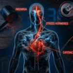 Chronic Stress and Sleep Deprivation: 6 Devastating Ways They Are Destroying Young Hearts Digital illustration of a human silhouette with a cracking red heart struck by stress hormone lightning, representing the impact of chronic stress and sleep deprivation on young hearts.