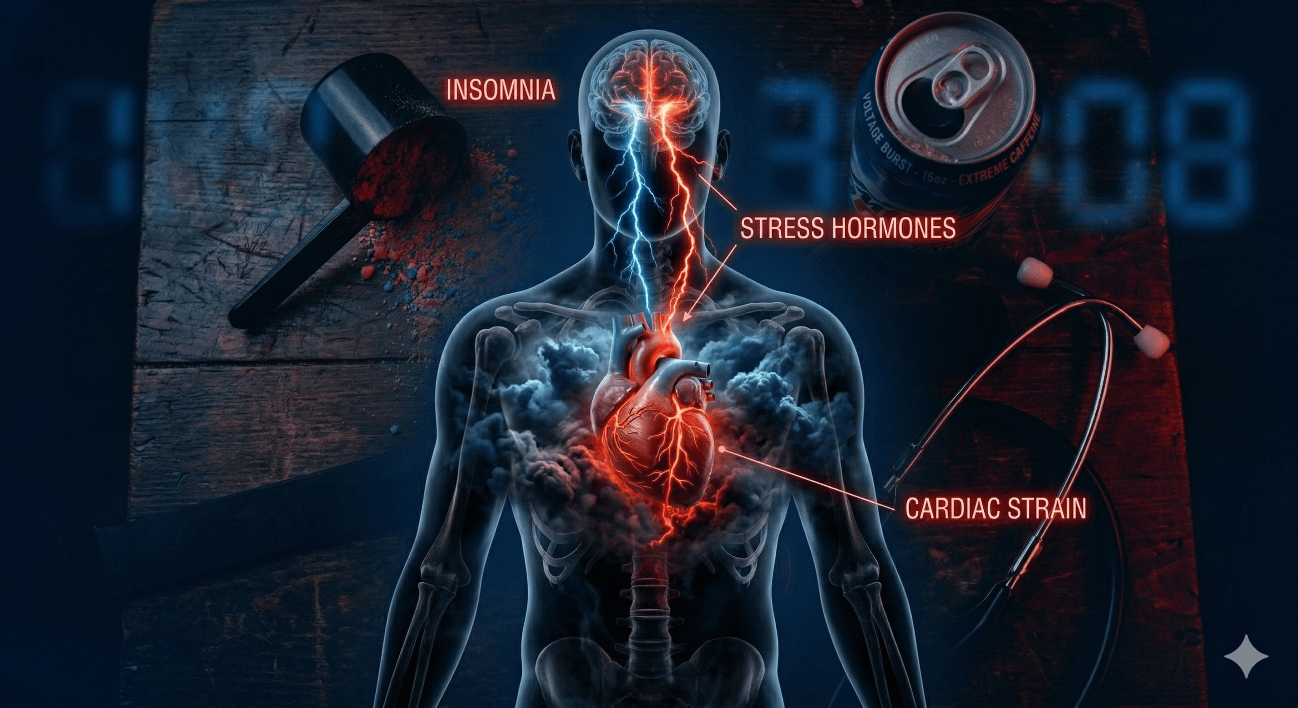 Digital illustration of a human silhouette with a cracking red heart struck by stress hormone lightning, representing the impact of chronic stress and sleep deprivation on young hearts.