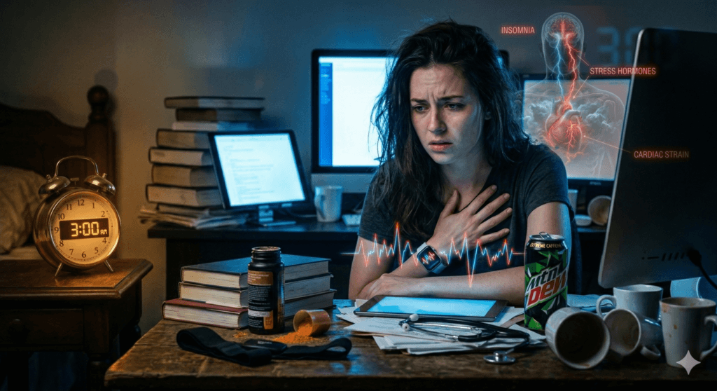 Young woman working late at night clutching her chest with a smartwatch showing abnormal heart rate, illustrating the dangers of hustle culture and the cardiovascular consequences of chronic stress and sleep deprivation