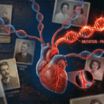 Symbolic illustration of a heart shaped like a family tree with DNA strands representing inherited genetic heart conditions across generations.