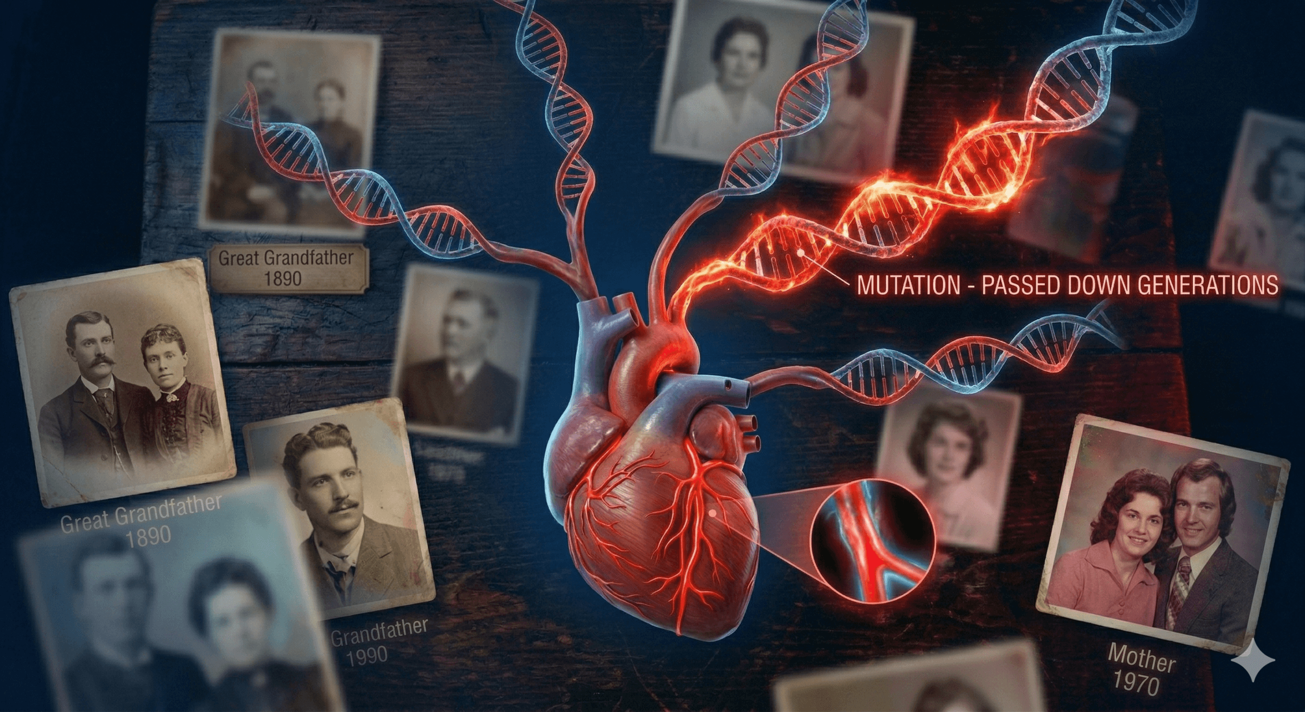 Symbolic illustration of a heart shaped like a family tree with DNA strands representing inherited genetic heart conditions across generations.