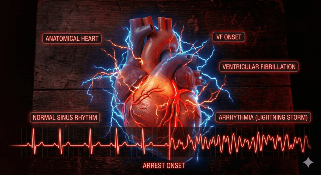 Medical illustration showing a heart with chaotic lightning bolts and an ECG transitioning from normal rhythm to ventricular fibrillation, representing sudden cardiac arrest from genetic heart conditions.