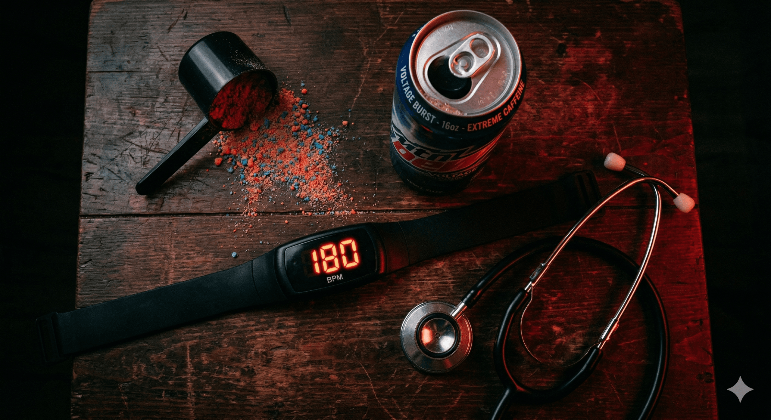 Flat lay of energy drink can, pre-workout powder scoop, and heart monitor showing elevated heart rate, highlighting cardiac risk and potential for cardiac arrest in young athletes.