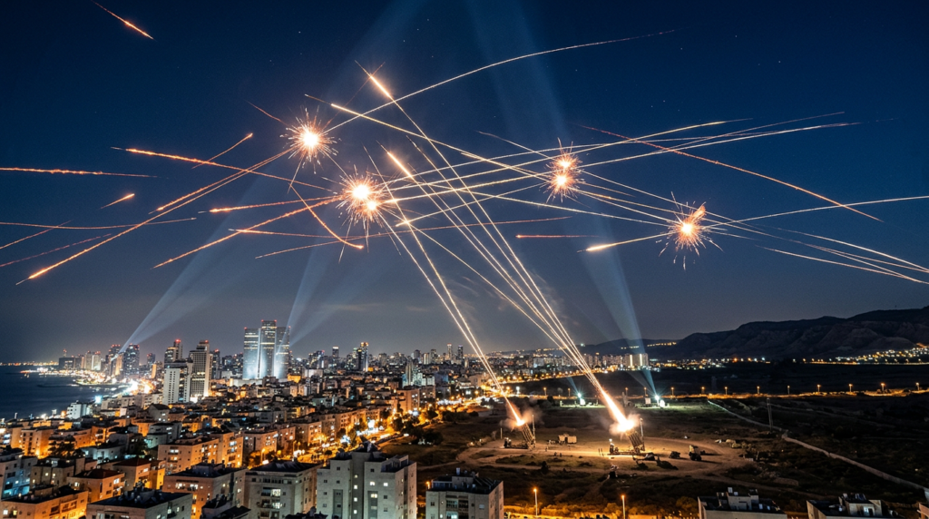 Missile defense system intercepting rockets during the Iran US Israel war escalation