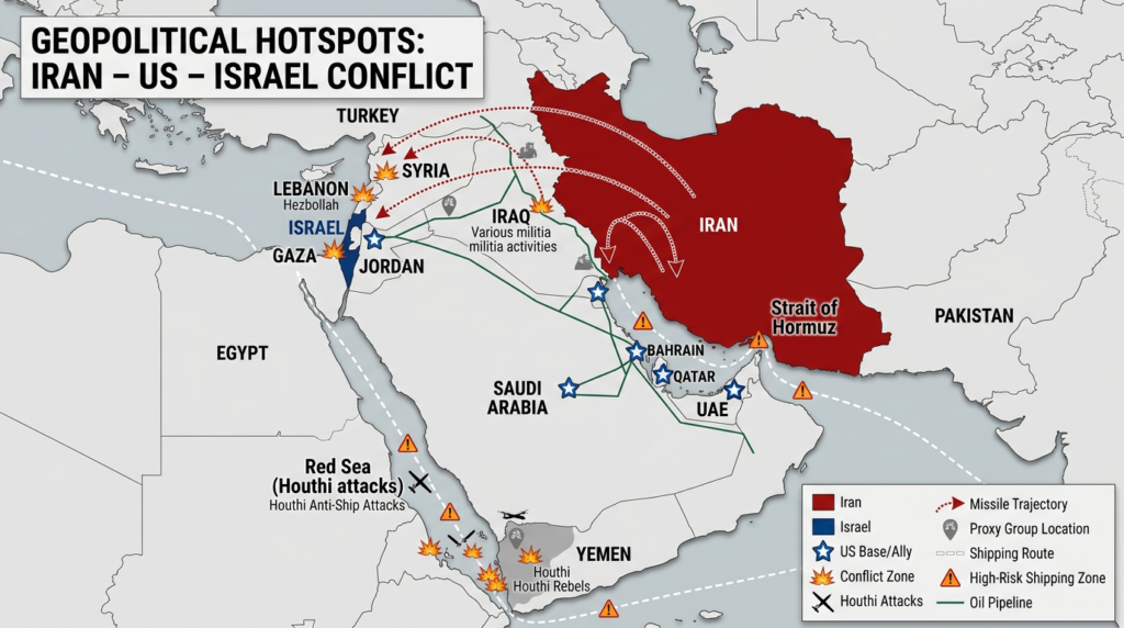 Map showing main fronts of the Iran US Israel war and key Middle East trade routes