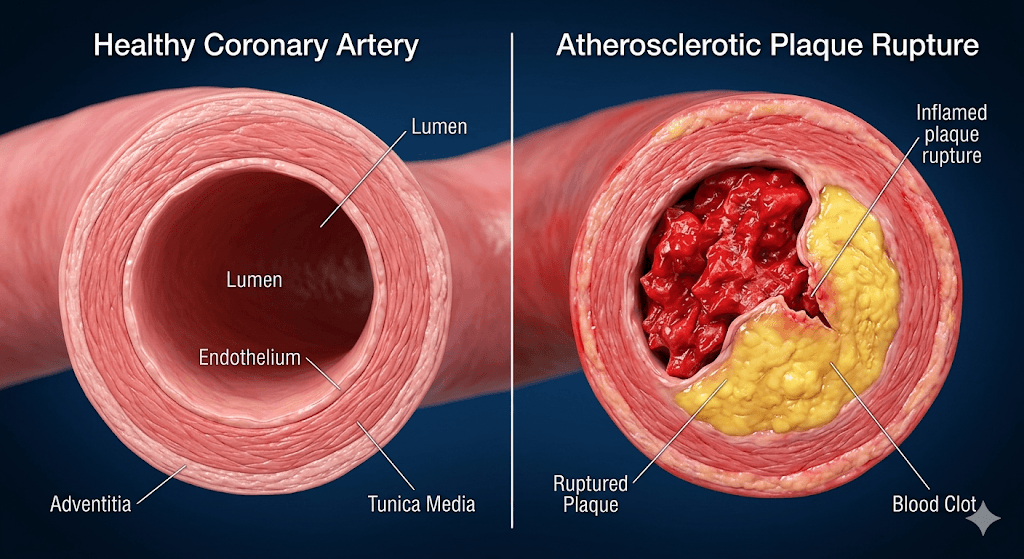 Medical illustration comparing a healthy coronary artery to an artery with a plaque rupture causing a heart attacks in young youth.