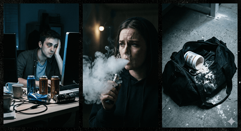 Collage showing lifestyle risk factors for heart attacks in youth including stress, vaping, and excessive energy drink consumption.