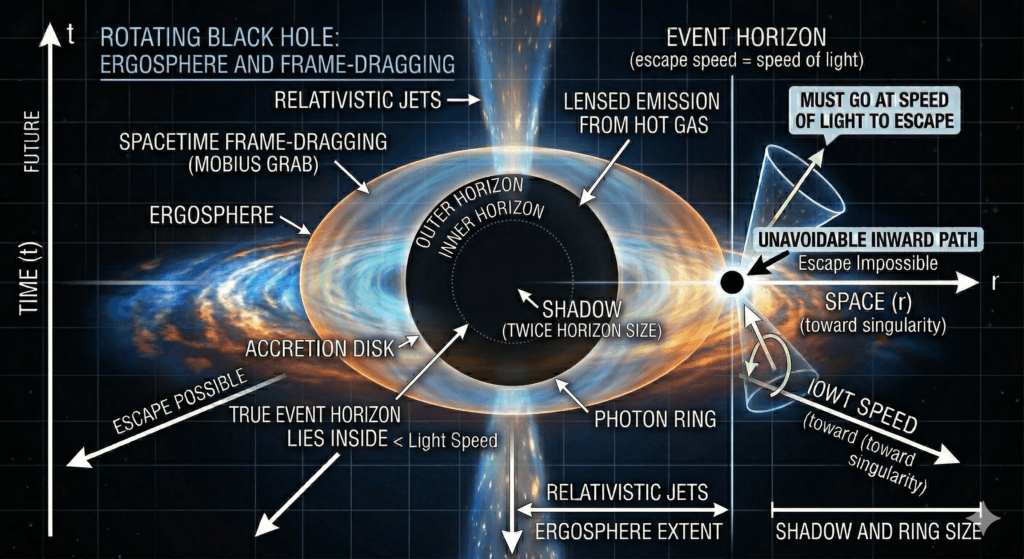 rotating black hole diagram comparing event horizon and ergosphere to explain what is an event horizon simple explanation