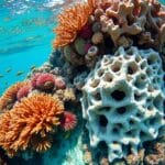 Tropical coral reef showing healthy vibrant corals alongside bleached and dissolving coral skeletons illustrating acidification damage