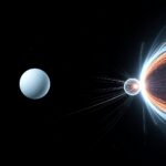 Side-by-side scale comparison of a pale blue-white Earth-sized white dwarf and a tiny intensely bright neutron star with polar radiation jets in deep space