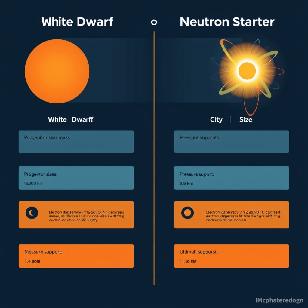 comparing white dwarfs and neutron stars across six properties including size, density, pressure support, maximum mass, and ultimate fate