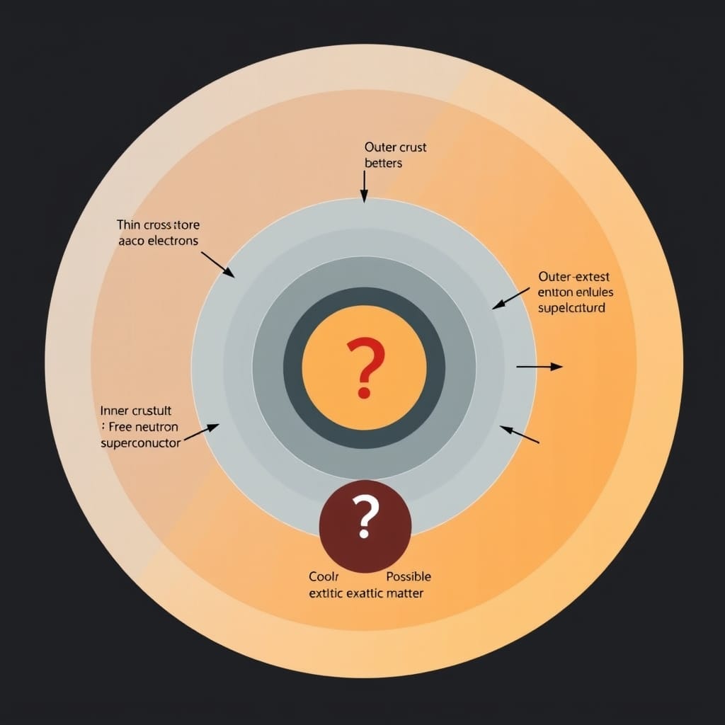 Cross-section diagram of neutron star internal layers from outer crust to the uncertain exotic-matter inner core, with labeled concentric zones