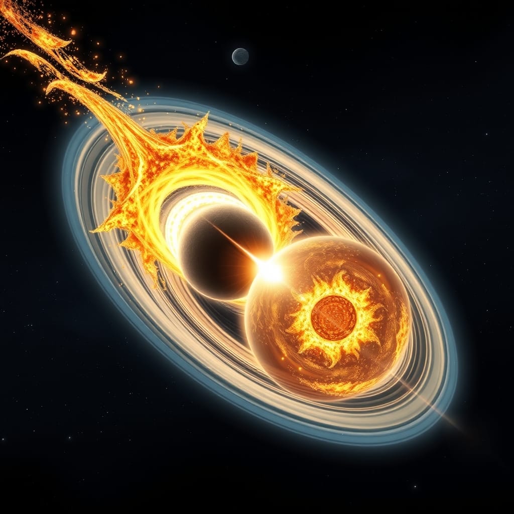Two neutron stars spiraling together in a binary merger, emitting gravitational wave ripples and surrounded by a glowing kilonova cloud of ejected heavy