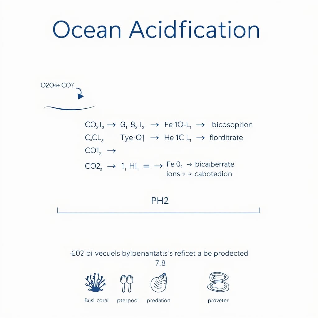 Diagram showing the step-by-step chemical pathway of CO2 entering seawater and reducing carbonate ion concentration, with pH scale
