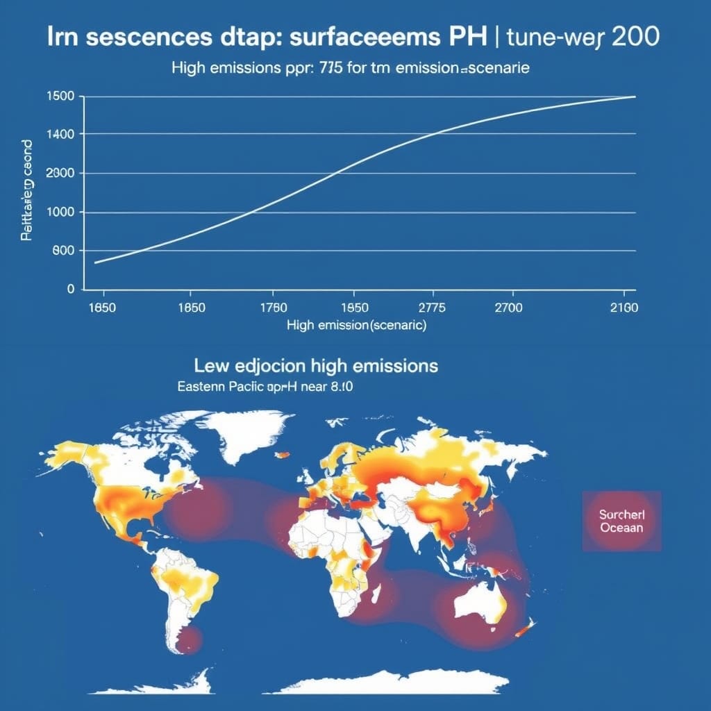Line graph comparing ocean pH projections under high and low emissions scenarios to 2100, with a map of regional acidification hotspots