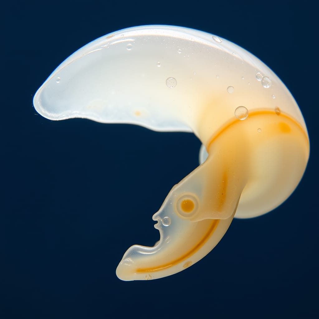 Macro view of a pteropod sea snail with visible shell surface etching caused by exposure to corrosive, low-pH seawater